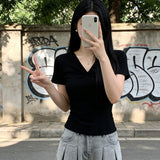V Collar Kinetic Design T-Shirt Girl Summer Pure Hot Girl Short-Sleeved Bottom Shirt Slim Thin Top Woman