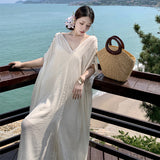 White Texture Folded V-Neck Dress Women Summer Languid Holiday Casual Loose Lantern Dress