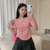 Positive Shoulder Short-Sleeved T-Shirt Women Simple Design Sense Of Summer Pure Wind Irregular Square Collar Showing Thin Sweet Short Blouse
