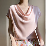 Silk Satin 2026 Spring And Summer New Short Female French Style T-Shirt Simple Short-Sleeved Large-Size Top