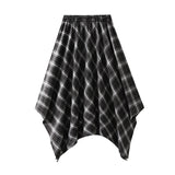 French Retro Check-In Irregular Half-Dress Women's Autumn Drawstring Tie High-Waisted Wrinkle Skirt 5017
