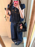 Summer New Korean Wears A Complete Set Of Denim Shirt Tops Short-Sleeved Women's Casual Broad Leg Pants Academy Style Suit