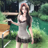 Large-Size Fat MM French Retro Lace Splicing Sling T-Shirt For Women's Summer New High-Rise Slimming Skirt Set