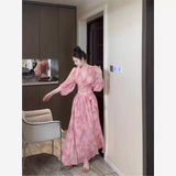 Purely Grit Flower Chiffon Suit Dress Sexy V-Neck Cross Strap Short Long-Sleeved Top High Waist Half-Dress