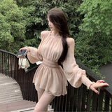 French Gentle Shoulder Long Sleeves To Close Waist Chiffon Shirt Women Summer Sweet Suit Casual Straight Shorts Two-Piece Set
