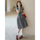 Summer Chic Feeling Beautiful Little Suit Female Gray Round-Neck T-Shirt Tibetan Cyan Lattice Skirt Two-Piece