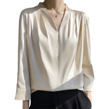 Silk Satin 2026 Summer Women's New Short Satin Shirt V Collar Simple Nine-Sleeve Temperament Match French Top