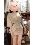 Micro Fat Mm Pure Hot Babes Style V Collar Short-Sleeved Dress Women's Summer New Waist Folds Elastic Package Hip Skirt
