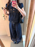 Summer New Korean Wears A Complete Set Of Denim Shirt Tops Short-Sleeved Women's Casual Broad Leg Pants Academy Style Suit