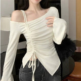 Leaning Long-Sleeved T-Shirt Girls Spring And Autumn Irregular Slimming Shirt Chic Sweet Spicy Top Design Sense Niche