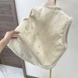 New Winter Cotton Thick Vest New Chinese Loose Round-Neck Women's Style Embroidery Warm Wool Collar Top