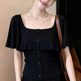 Temperament Gentle Wind Lotus Leaf Side U Collar Short-Sleeved T-Shirts Summer Pure Fashion To Close The Waist Thin Design Short Top