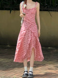 French Irregular Design Floral Sling Dress Women's Seaside Holiday Wind Showing Thin Open Fork A-Word Dress