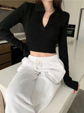 Polo Collar Long-Sleeved T-Shirt Design Short Spring And Autumn New Sexy Hot Umbilly Blouse Thread