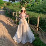 Beautiful Lace Splicing Big Bare Back Sling Dress Strapped Bow Fairy Gas Big Swing Dress Travel To Wear Long Skirt