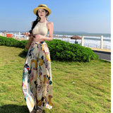 Dopamine Graffiti-Print Wide-Legged Trousers Women's Summer Seaside Wearing High-Waisted Beach Skirts With Open-Forked Colored Trousers