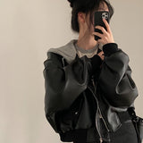 Korean Chic Autumn And Winter Denim Jacket Retro Zipper Double Pocket Casual Loose Two Hooded Leather