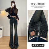 Horn Trousers Women In The Spring And Autumn Of 2025 New High-Rise Slim Slim Thin Small Horn Open Fork Buckle Jeans