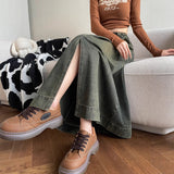 Cement Ash Fork Cowboy Dress Girl Autumn Winter High-Waisted A Word Shading Pear Shape Medium Long Skirt