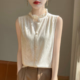 Silk Velvet 2026 Spring And Summer New Women's Wooden Ear Collar Buckle Sleeveless Knitted Bottom Shirt Short-Sleeved Vest