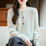 100% Pure Wool 2026 Autumn And Winter New Women's Loose Round Collar Color Buckle Thick Knitted Cardigan Jacket
