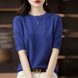 Wool Blending 2026 Autumn And Winter New Women's Round Collar Collar Drawing Solid Color Hollow Top Five-Sleeve Knitted Shirt