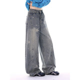 Star Ya Meng Printed Wide-Legged Jeans Women's Spring And Autumn New Slack Retro Scimits-On Thin Drag Trousers