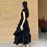 French Hepburn Long Dress Women Summer New Waist Thin Design Irregular Dress Black Dress Dress Woman