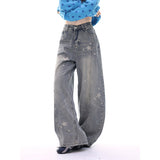 Star Ya Meng Printed Wide-Legged Jeans Women's Spring And Autumn New Slack Retro Scimits-On Thin Drag Trousers