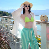 Thai Island Holiday Blue Bikini White Sunscreen Shirt Loose Lazy Wind Seaside Wear Three Sets