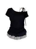 Sweet Spice Girl French Bow Slanted Shoulder Short-Sleeved T-Shirt For Summer Women's New Body-Repair Lace Spliced Short Tops