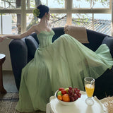 Vietnamese Minority French Holiday Style Light Green Sling Dress Women Summer Waist Thin Fairy Gas Big Swing Dress