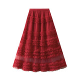 High-End Heavy Industry Lace Cake Skirt Long Skirt Sweet Wind High Waist Wood Ear Net Yarn Skirt 1276