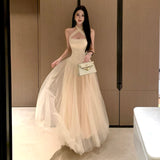 White Mesh Yarn With Thoracic Neck Dress Women's Summer Seaside Holiday Wind Beautiful Waist Birthday Dress Long Dress