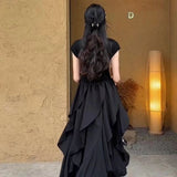 French Hepburn Long Dress Women Summer New Waist Thin Design Irregular Dress Black Dress Dress Woman