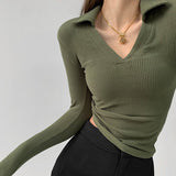 Hottie Sexy V-Neck Thin Bottom Shirt 2026 Early Autumn Solid Sleeve Polo Shirt In Tide T-Shirt