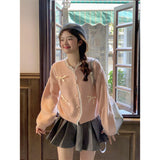 Sweet Pink Lace Spliced Sweater Cardigan Girl Autumn New Bow Loose Short Knitting Top