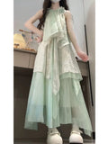 French Tea Break Small V-Neck Green Dress Woman 2025 Summer New Warm Gentle Wind Princess Dress