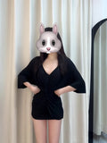 Micro Fat Mm Pure Hot Babes Style V Collar Short-Sleeved Dress Women's Summer New Waist Folds Elastic Package Hip Skirt