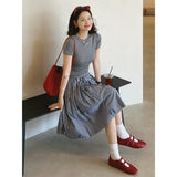 Summer Chic Feeling Beautiful Little Suit Female Gray Round-Neck T-Shirt Tibetan Cyan Lattice Skirt Two-Piece
