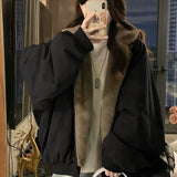 Mountain Carving Large-Size Retro Double-Sided Wear With Velvet Hooded Coat Women Winter Loose Warm Top