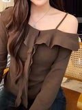 Fat Sister Hottie Wind Lotus Leaf Side Shoulder Long-Sleeved T-Shirt Girl Spring New Design Feel Shoulder Pure Desire Top