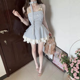 French Hanging Neck Bow Sling Dress Women's Summer 2026 New Slimy Lattice High Waist Fluffy Skirt