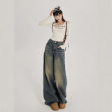 High-Waisted Broad-Legged Jeans Women's Spring And Autumn New Retro Nostalgia Hanging Thin Loose Straight Tug Trousers
