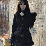 Rich Qianjin High-Level French Temperament Thick Thin Black Collar Coat Half-Dress Two Sets Of Women's Winter
