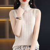 Fine-Woven Wool 2026 Spring And Summer Women's New Short Repair Body Half-High Collar Wood Ear Lace With Knitted Sleeveless Vest