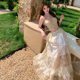French Seaside Holiday Atmosphere Pure Romantic Lace Sling Vest Women Tied Long Skirt Two Sets