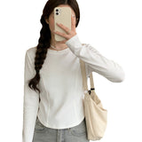 Long-Sleeved T-Shirt Girl Spring And Autumn New Hottie Design With Irregular Bottom Shirt Straight Shoulder Collar Top