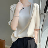 Silk Satin Paste Acetic Acid 2026 Spring And Summer New Women's Five-Sleeve Collar Loose T-Shirt Short-Sleeved Top