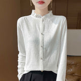 New Silk Velvet 2026 Spring And Summer New Women's Short Wooden Ear Half-High Tie Wnitted Shirt Knitted Bottom Shirt Top